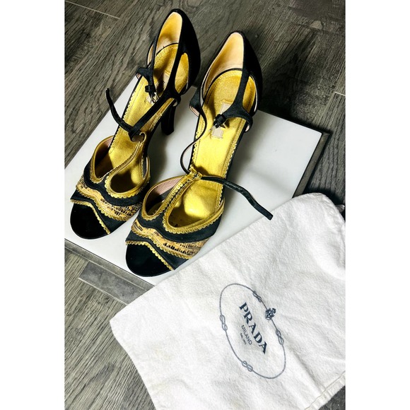 Prada Strappy Sandals black satin gold python heels 40.5 10.5 - Picture 10 of 11